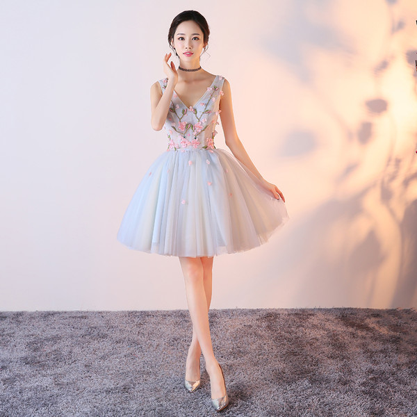 V-neck Shoulder Straps Floral Tulle Short Prom Dresses 2017 Sexy