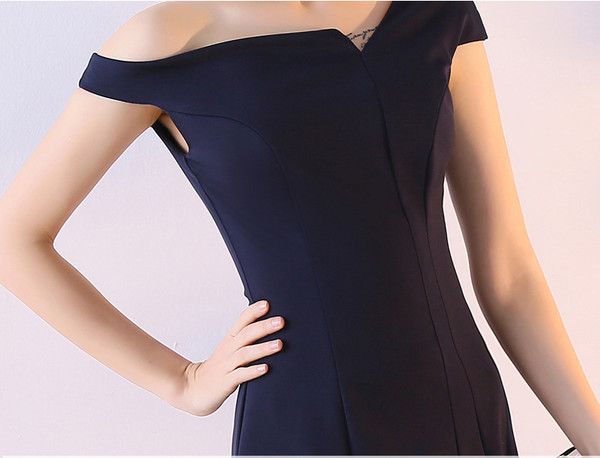 Knee Length Cocktail Dresses 2017 Navy Blue Elegant One Shoulder