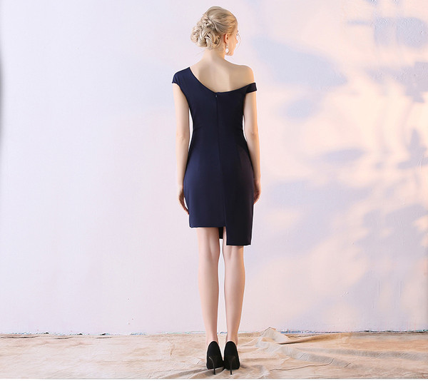 Knee Length Cocktail Dresses 2017 Navy Blue Elegant One Shoulder