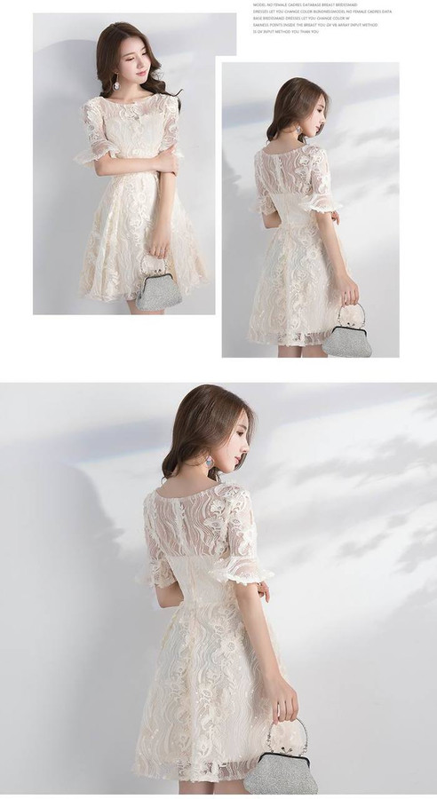 Short Prom Dresses 2017 Elegant O-neck Ruffles Half Sleeves Champagne Lace