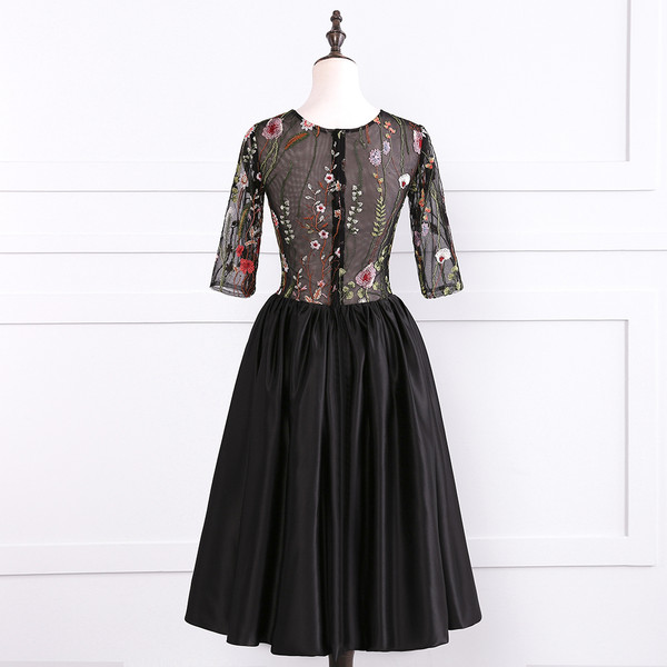 2017 Elegant Half Sleeves Satin Ball Gown Short Sexy See Through Black Prom Dresses