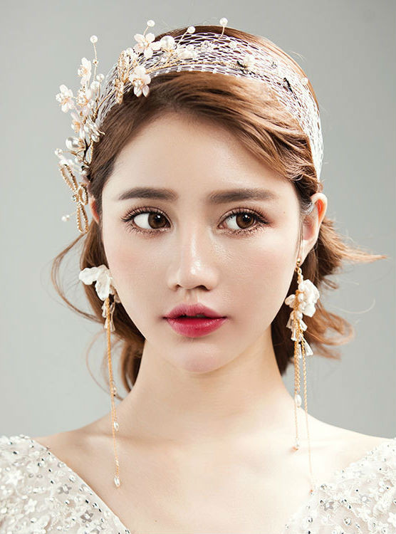 flower Earrings sets party hair Simple hair ribbon gauze veil with crystal