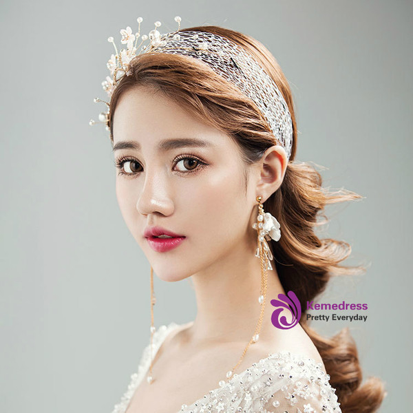 flower Earrings sets party hair Simple hair ribbon gauze veil with crystal