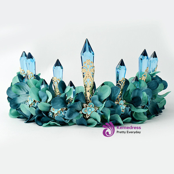 wedding hair accessores green fabric flower long icicle queen crown luxury tiara