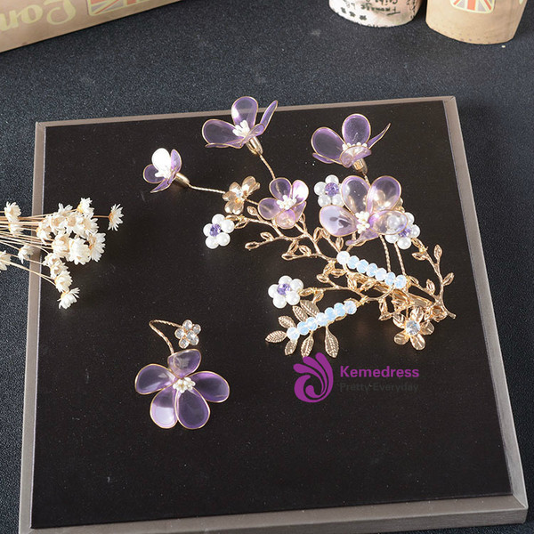 Wedding Bride tiara golden branches head hair Jewelry transparent purple flower