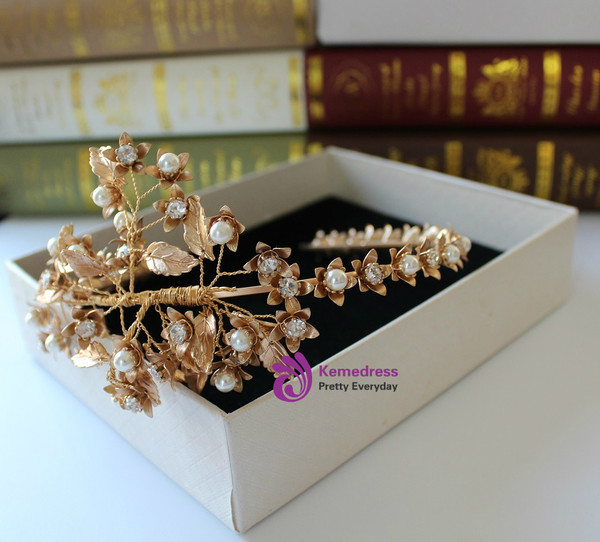 Bridal tiara pink women party hair ornaments Flower gold alloy new design