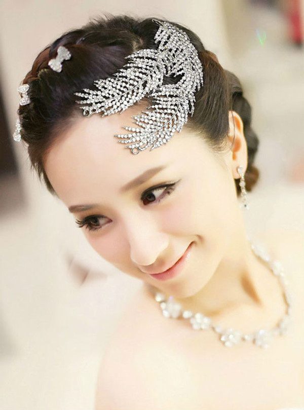 feather tiara hair accessories wedding bridal headdress marriage side clip rhinestone