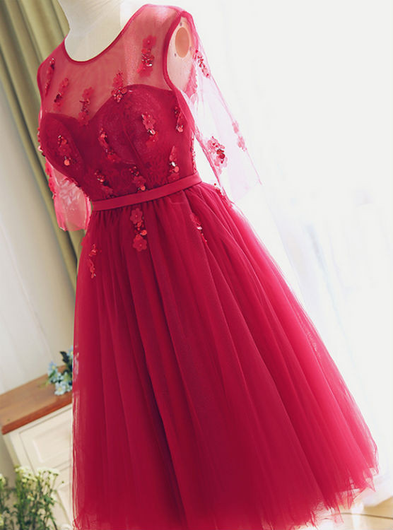 Red Lace Bridesmaid Dress Half Sleeves Lace Prom Dress Party Dress Tea length