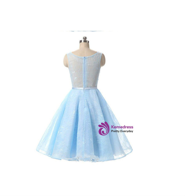 Cheap Light Blue Appliqued Sleeveless Lace Homecoming Dresses