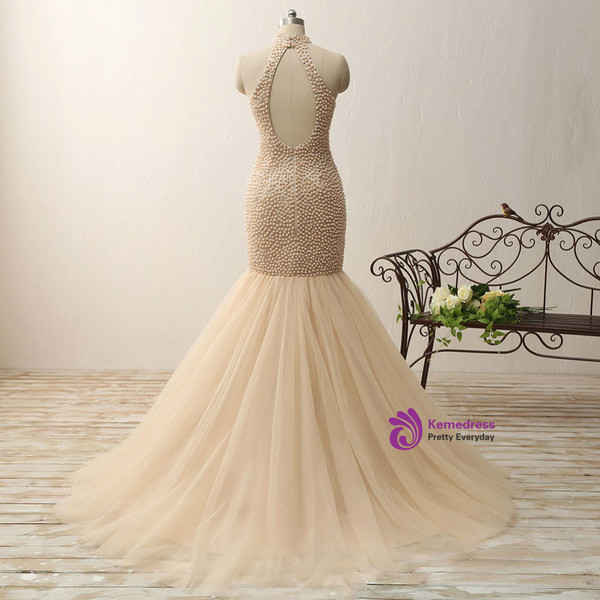 High Neck Mermaid Prom Gowns Pageant Pearls Prom Dresses Open Back