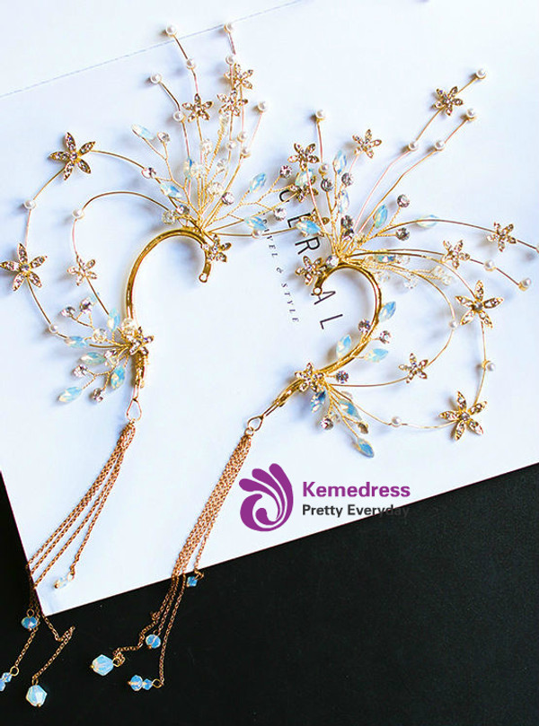 Beautiful headdress ear ornaments 2017 new gold ear hanging Bead Flower Bride wedding studio