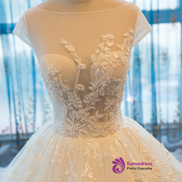 2017 Cap Sleeve Ball Gown Tulle Bridal Gowns Handmade Vintage Sheer Wedding Dresses