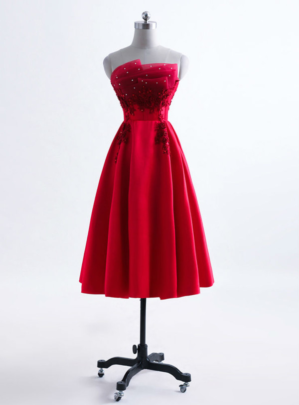 Short Prom Dresses 2018 Strapless Satin 3D Flower Floral Flowers