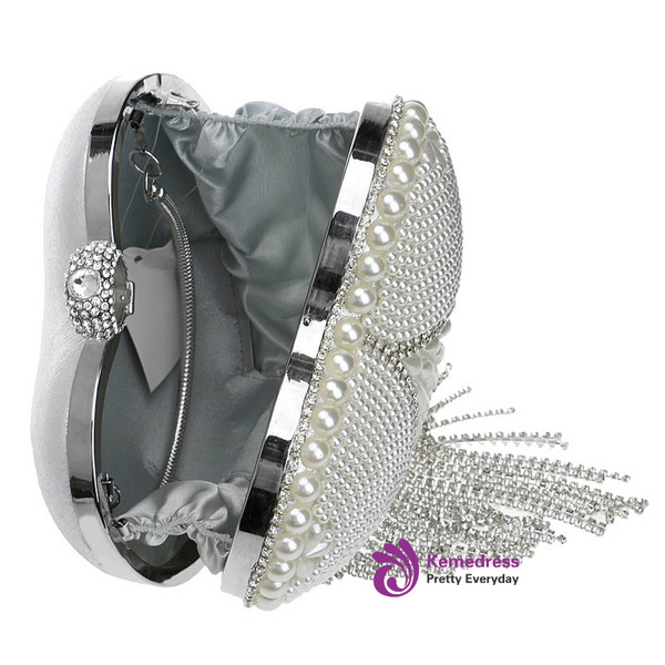 Heart design tassel rhinestones women evening bags imitation pearl lady's handle evening bag