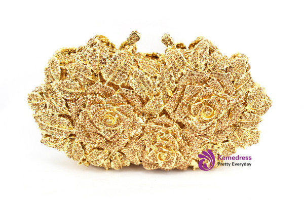 Gold Silver Evening Bag Rose Flower Holiday Party Clutch Purse Crystal Bag