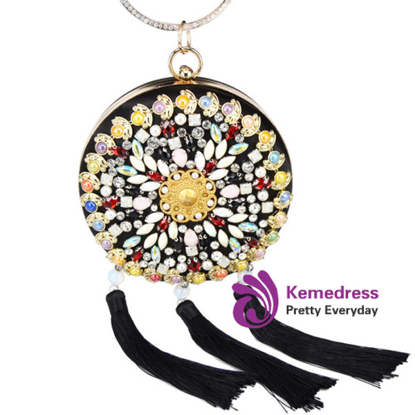 Round Blue Luxury Bead Clutch Evening Bag tassel Wristlets bag