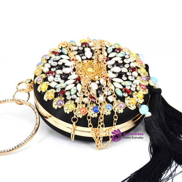Round Blue Luxury Bead Clutch Evening Bag tassel Wristlets bag