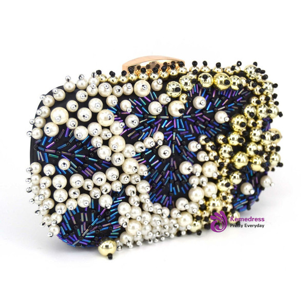 Luxury Blue Beaded Evening Bag Pearl Clutch Wedding Bridal Party