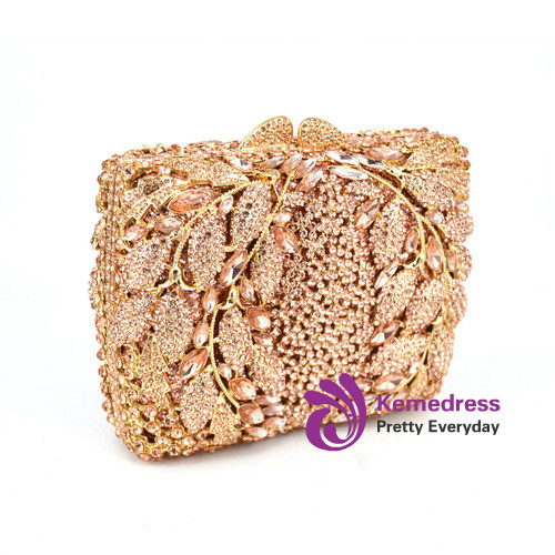 Leaves Pattern Luxury Champagne Crystal Diamond Clutch Bag
