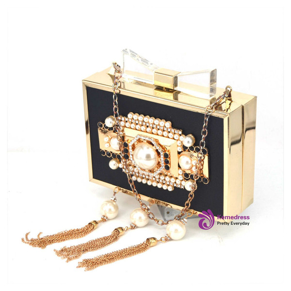 Fashion Chain Tassel Clutches Women PU Beaded Evening Bag