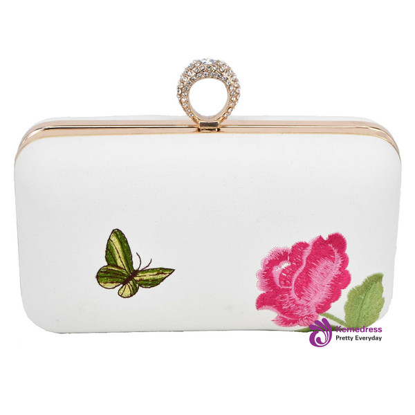embroidery Flower Clutch Bag finger ring Crystal Evening Bag White Party Prom Purse