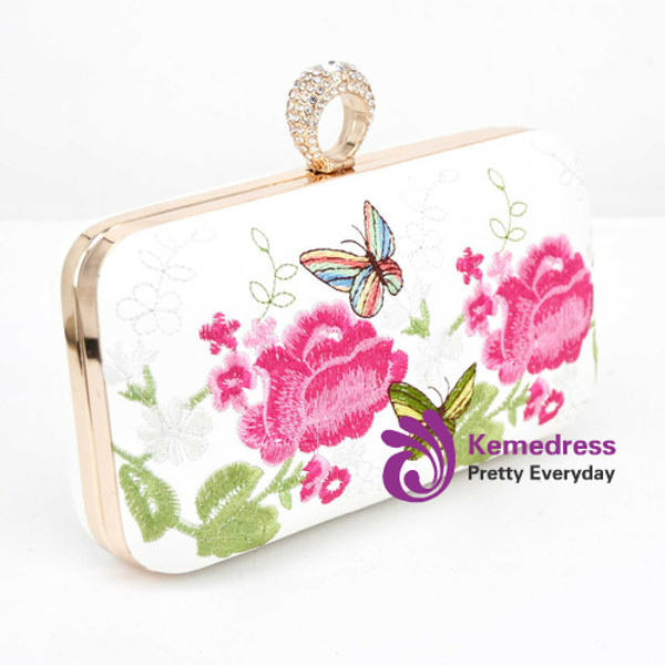 embroidery Flower Clutch Bag finger ring Crystal Evening Bag White Party Prom Purse