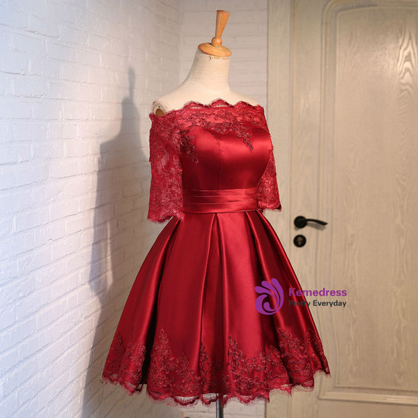 Short Half Sleeve Burgundy Satin Evening Dress Graduation Dresses 2017