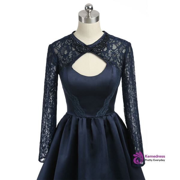 Navy Blue 2017 Homecoming Dresses A-line High Collar Long Sleeves