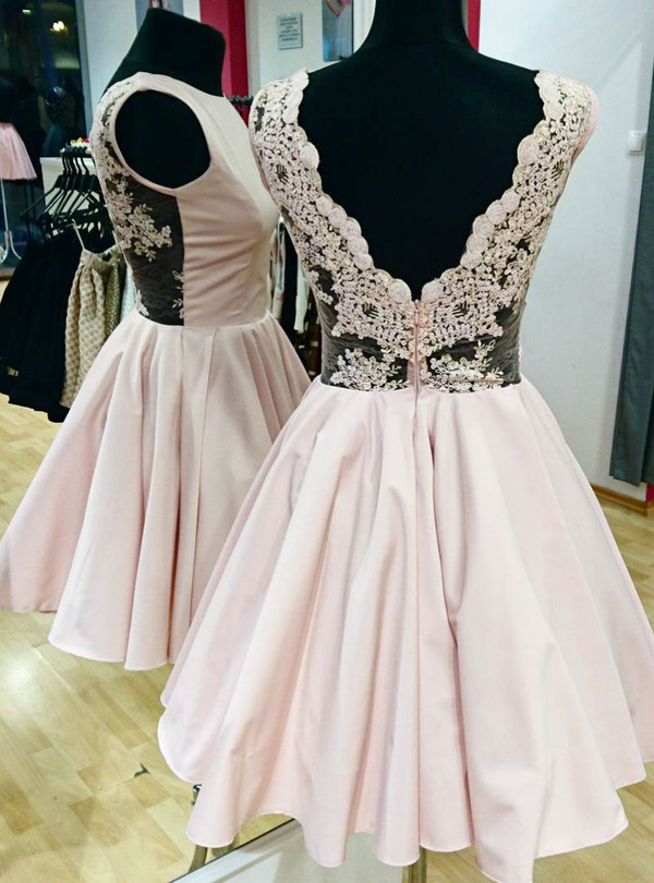 Short Satin Homecoming Party Gowns Simple Sheer Lace Backless