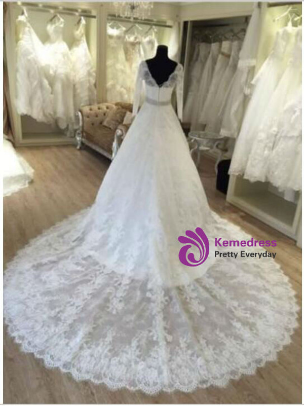 Long Sleeve V Neck Wedding Dress Backless Cheap Train Crystal Beading