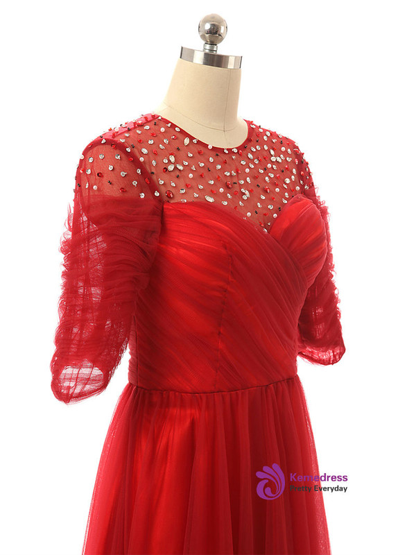 A line Half Sleeves Beaded Tulle Floor Length Red Mother Of The Bride Dresses