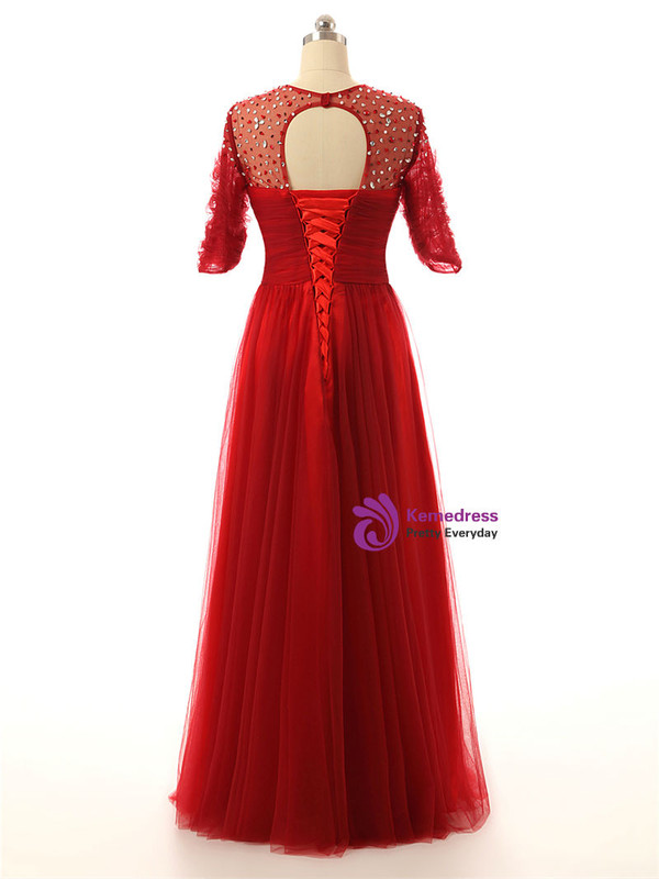 A line Half Sleeves Beaded Tulle Floor Length Red Mother Of The Bride Dresses