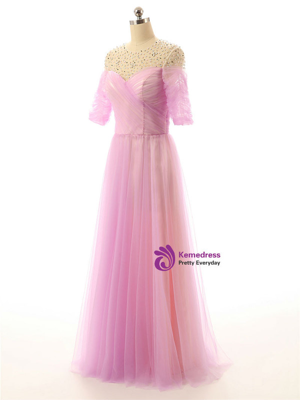 A line Half Sleeves Beaded Tulle Floor Length Red Mother Of The Bride Dresses