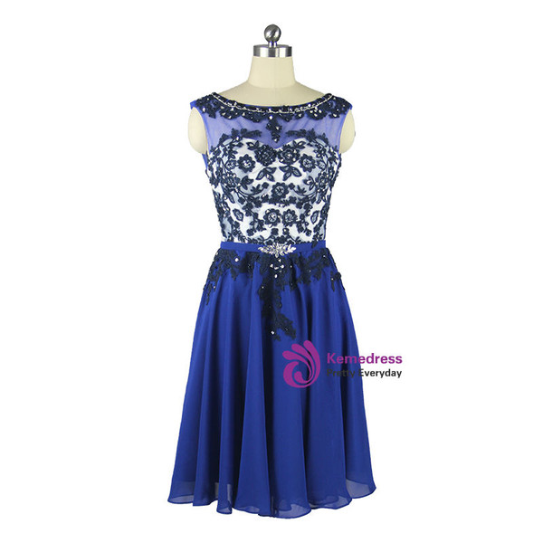 2017 Beaded Lace Chiffon Knee Length Blue Mother Of The Bride Dresses