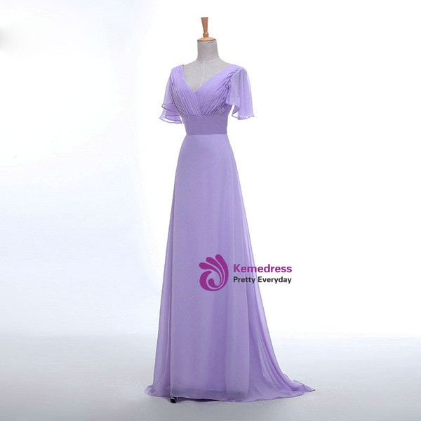 V-neck Short Sleeve Chiffon  Long Women Elegant Lavender Color