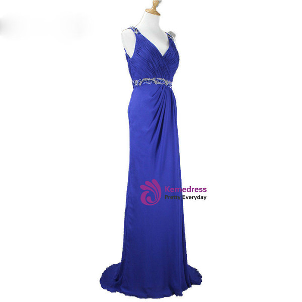 2017 Elegant Open Back With Shawl V-neck Beaded Chiffon Royal Blue