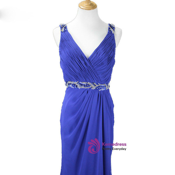 2017 Elegant Open Back With Shawl V-neck Beaded Chiffon Royal Blue