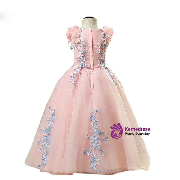 A-line Pink Color Tulle Appliques Floor Length Flower Girl Dresses