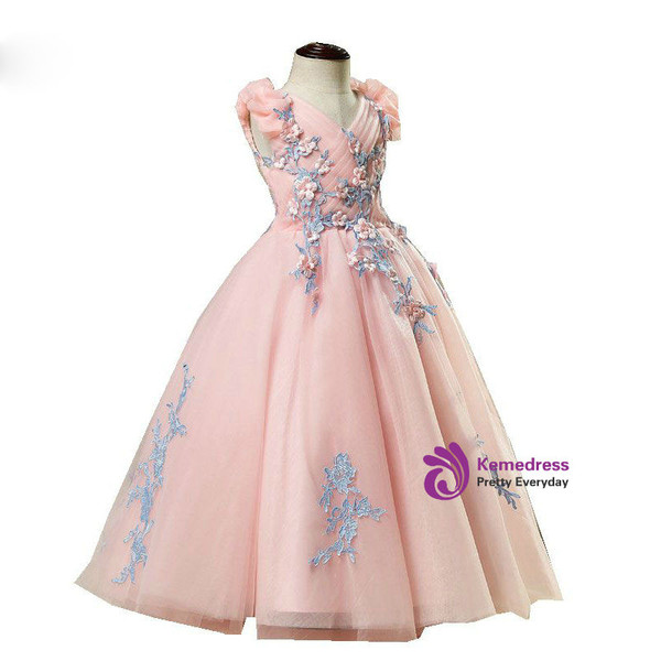 A-line Pink Color Tulle Appliques Floor Length Flower Girl Dresses