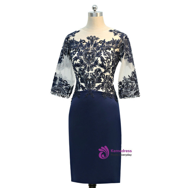 2017 Mother Of The Bride Dresses Sheath 3/4 Sleeves Navy Blue