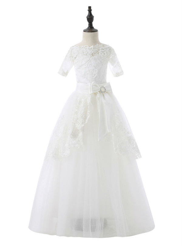 A-line Knee Length Satin Lace Bow 2017 Flower Girl Dresses For Weddings