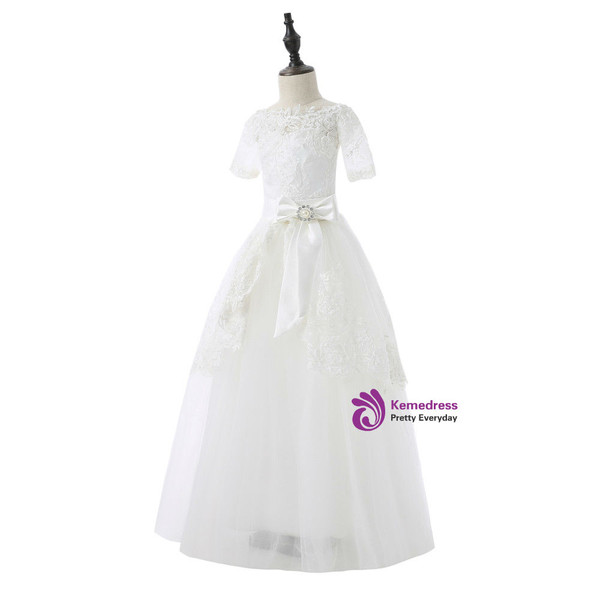 A-line Knee Length Satin Lace Bow 2017 Flower Girl Dresses For Weddings