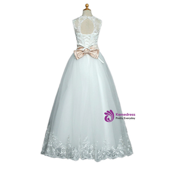 Tulle Appliques Lace Bow 2017 Flower Girl Dresses For Weddings Ball Gown