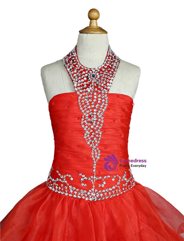 Red 2017 Girls Pageant Dresses For Weddings Ball Gown Halter
