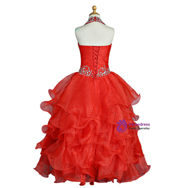 Red 2017 Girls Pageant Dresses For Weddings Ball Gown Halter