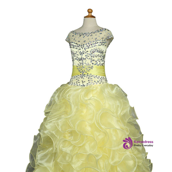 Yellow 2017 Girls Pageant Dresses For Weddings Ball Gown V Organza