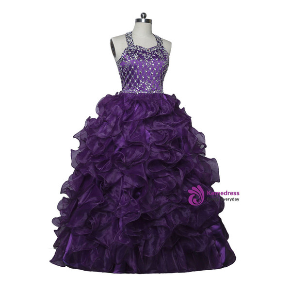 Halter Organza Purple 2017 Girls Pageant Dresses For Weddings Ball Gown