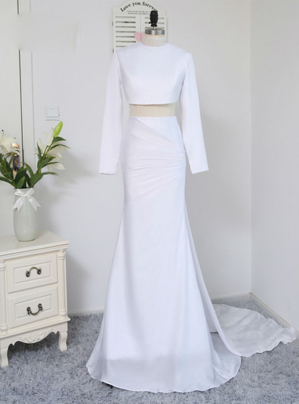 2017 Formal Celebrity Dresses Mermaid Two Pieces White Sexy Long Sleeves Backless
