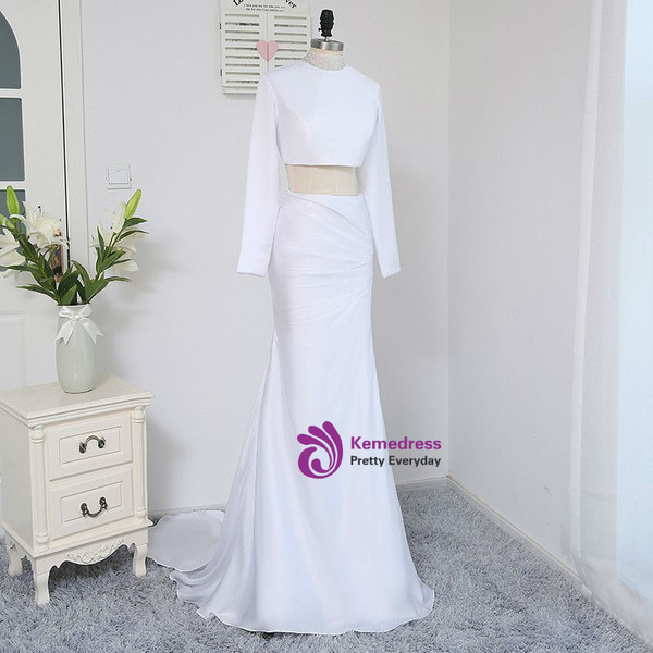 2017 Formal Celebrity Dresses Mermaid Two Pieces White Sexy Long Sleeves Backless