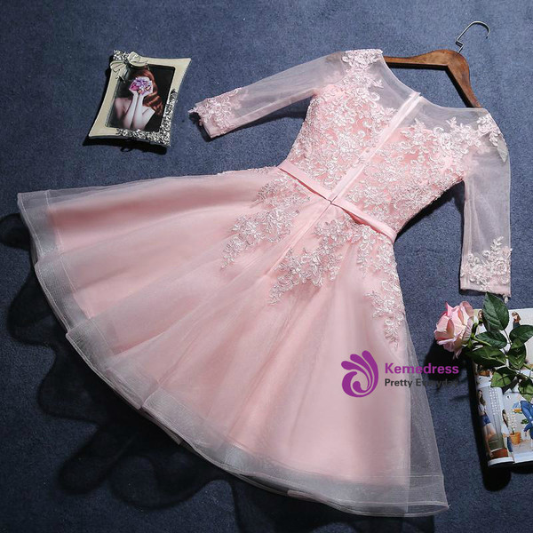 A-line Scoop pink half sleeve Short Juniors Homecoming Dresses
